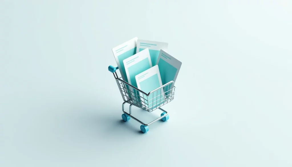 Minimalist flat-design shopping cart icon assembled from geometric WordPress theme layout cards, hovering above a clean …