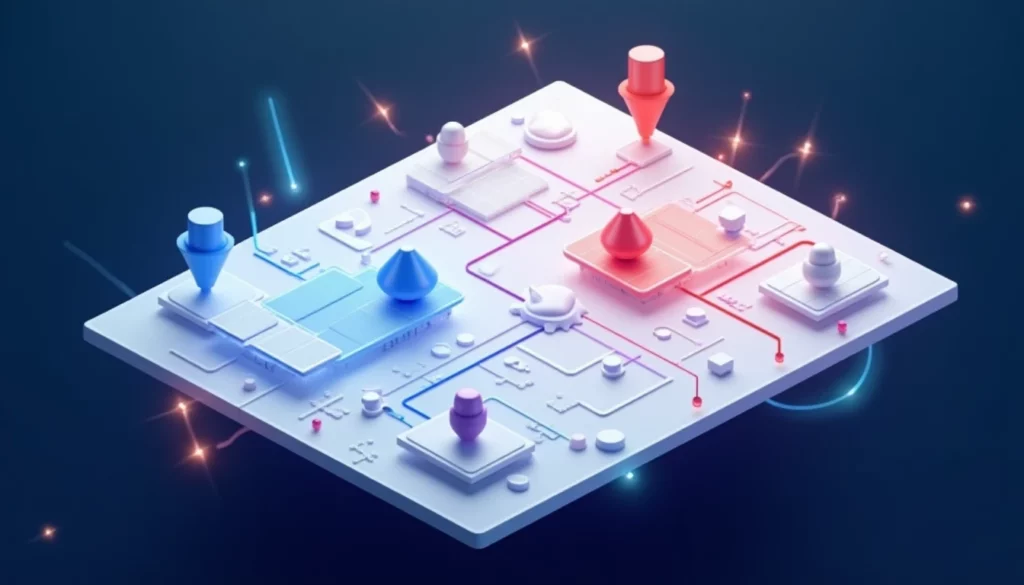 Isometric flat design illustration of a shared digital workspace canvas floating in deep navy space, with multiple elect…