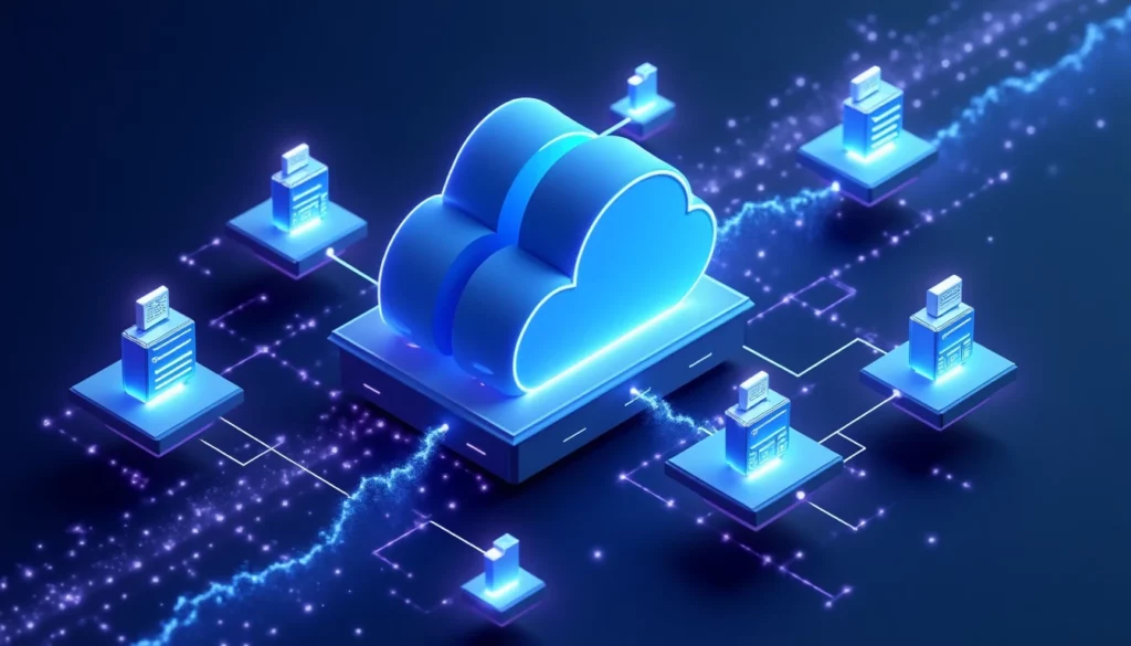 Stylized isometric cloud server nodes connected by luminous electric blue transfer beams, digital files represented as g…