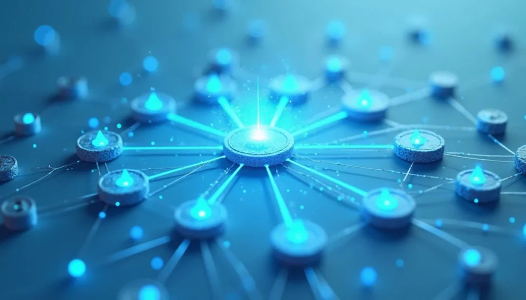Interconnected glowing nodes arranged in a dynamic collaborative web, multiple cursor-like geometric markers converging …