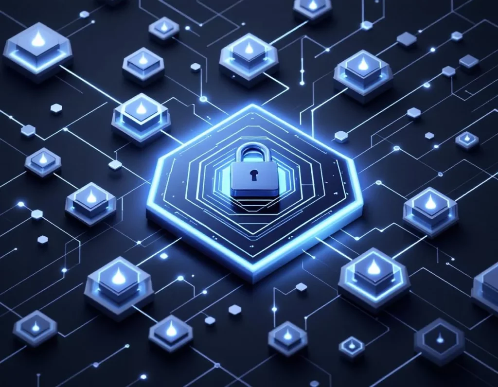 Geometric shield with an integrated padlock at its center, embedded within a flowing network of hexagonal plugin modules…