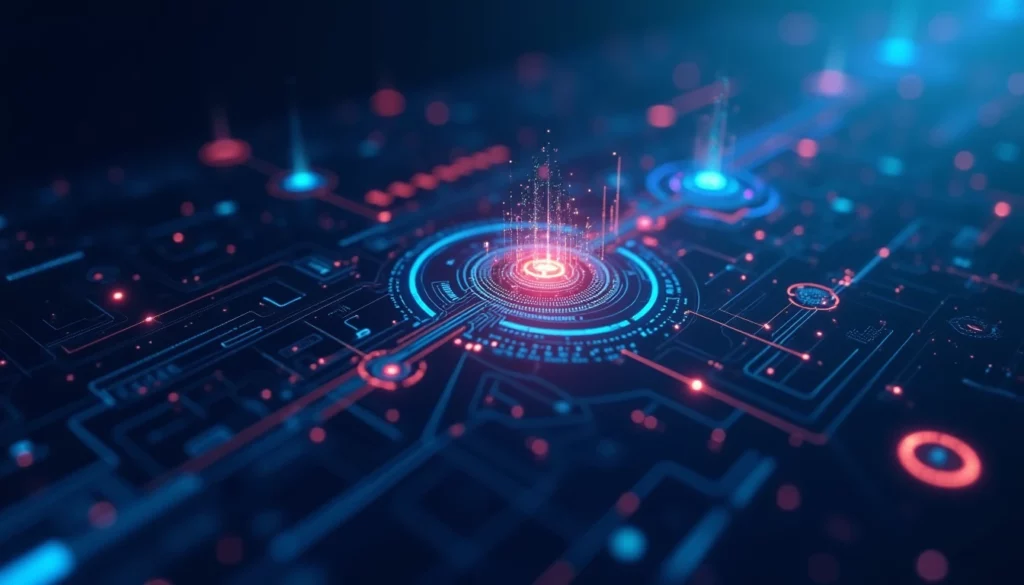 clean tech flat illustration with glowing UI elements, data visualizations, and subtle circuit patterns, futuristic data…