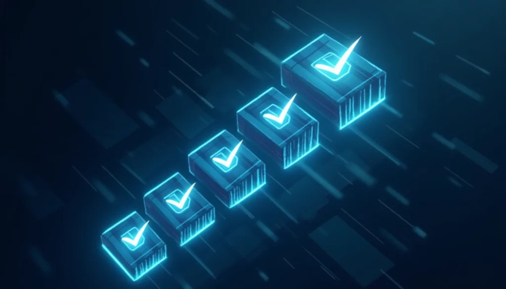Floating geometric checklist panels arranged in a vertical cascade, each glowing item illuminated with electric cyan che…