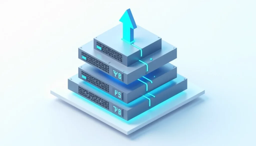 Isometric server stack architecture diagram floating in clean white space, with glowing cyan upward-pointing version upg…