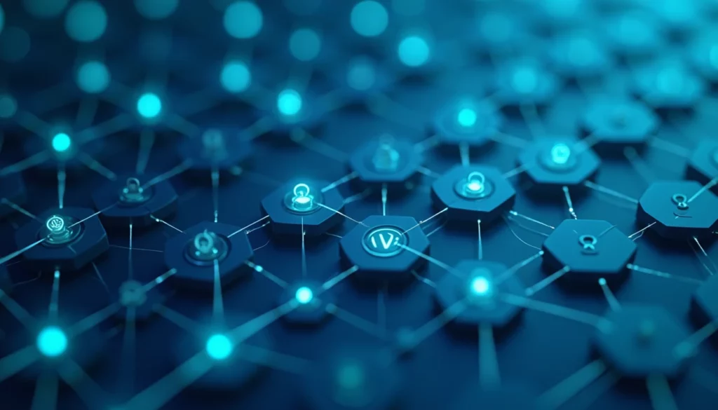 Interconnected network of floating hexagonal nodes arranged in a precise grid formation, synchronized glowing cyan pulse…