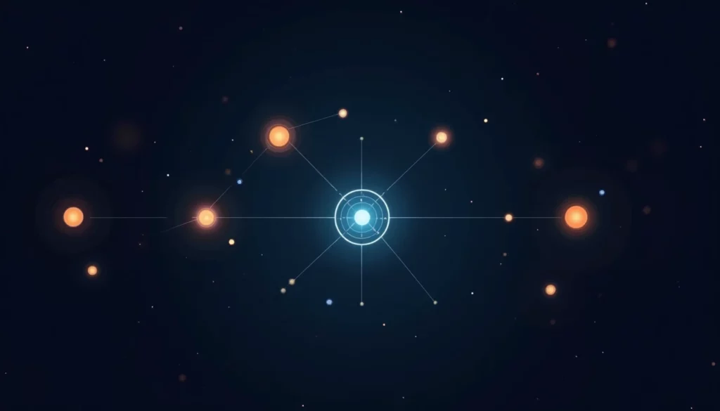 flat design illustration, minimalist, clean geometric shapes, modern, seven interconnected glowing orbs representing AI …