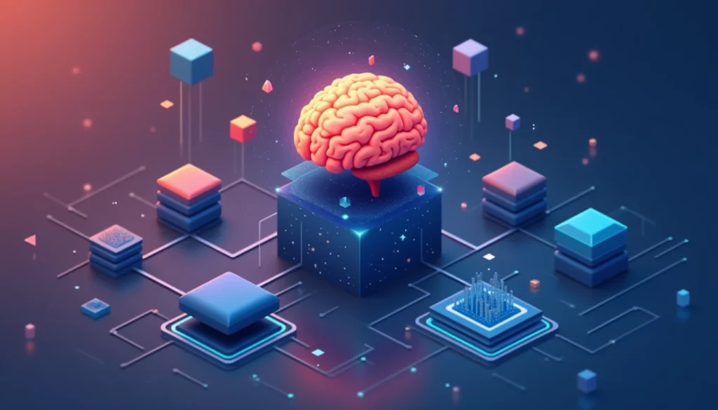 flat design illustration, minimalist, clean geometric shapes, modern, futuristic AI brain connected to abstract modular …