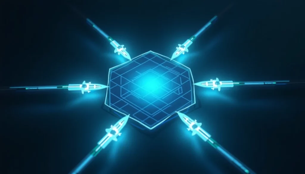 Multiple glowing electric blue cursors converging from separate directions toward a single luminous collaborative worksp…