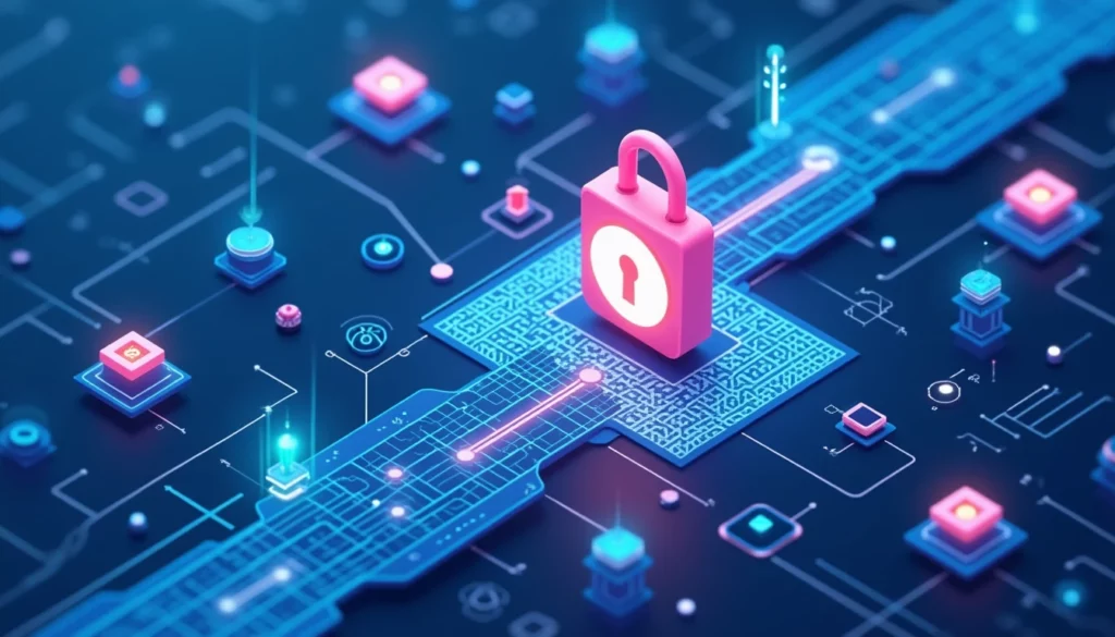 isometric digital illustration with clean geometric nodes, flowing data streams, and AI agent iconography, secure digita…