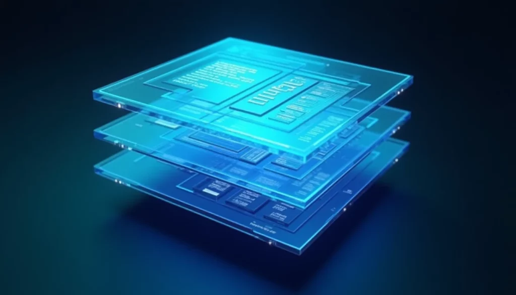 Translucent architectural layers of a website interface stacked in isometric perspective, floating above a deep charcoal…