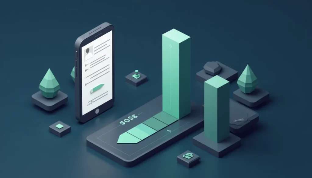 Flat vector isometric illustration of a smartphone displaying a simplified quote request form, beside a vertical perform…