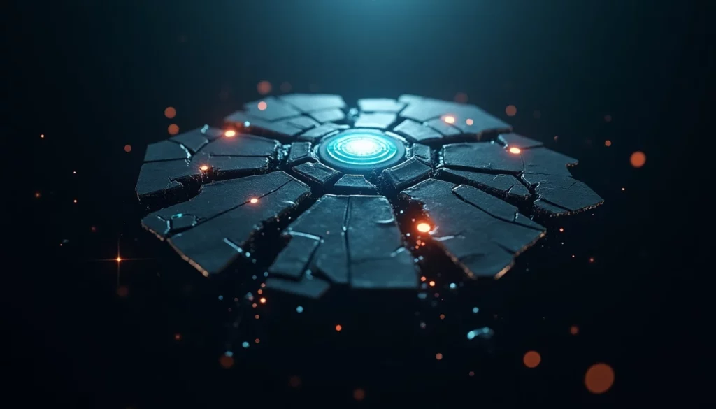 Fractured hexagonal cybersecurity shield suspended in dark void, AI circuit filaments threading through cracked shield p…