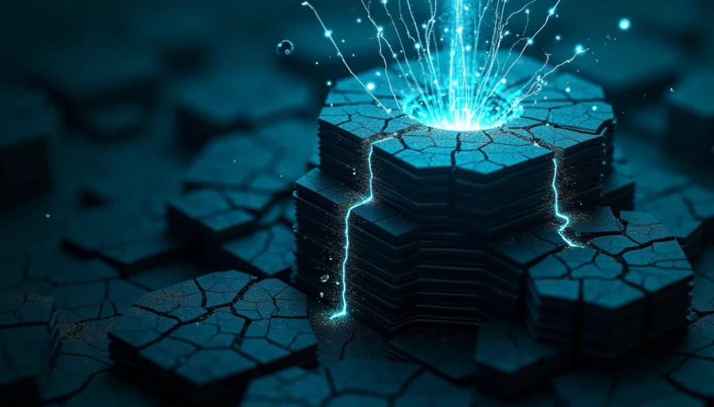 Layered digital fortress architecture — stacked geometric hexagonal plates representing server infrastructure tiers — fr…