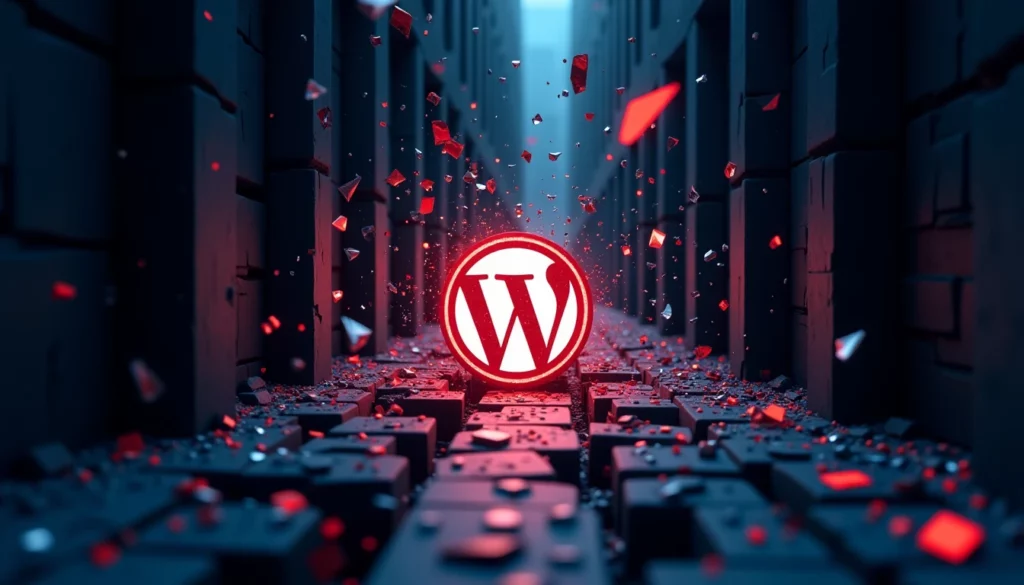 Fragmented WordPress plugin icons shattering into sharp geometric shards inside a collapsing dark digital tunnel, broken…